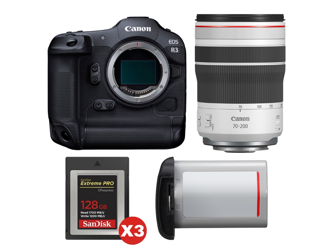 Eos R3 + Rf 70 200mm F/4 L Is Usm + 3 Sandisk 128gb Extreme Pro Cfexpress Type B + Canon Lp e19 + Ebook “20 Dicas para Fotos Que Impressionam” CANON