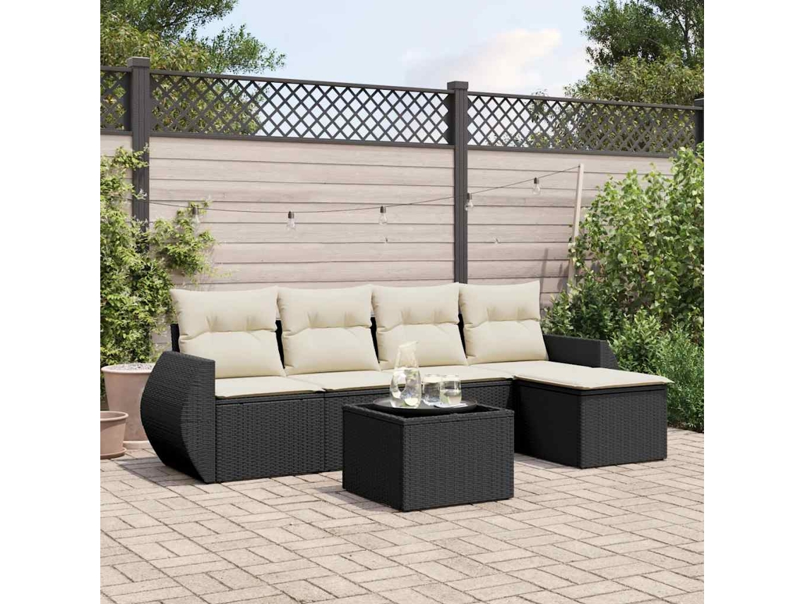 Vidaxl 6 Pcs Conjunto Sofás De Jardim C/ Almofadões Vime Pe Preto