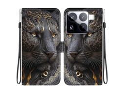 Capa De Couro Tkdaddy Para Xiaomi 15 Pro Com Suporte, Carteira, Estampa, Capa Para Celular Com Alça De Pulso, Leão Preto Dourado