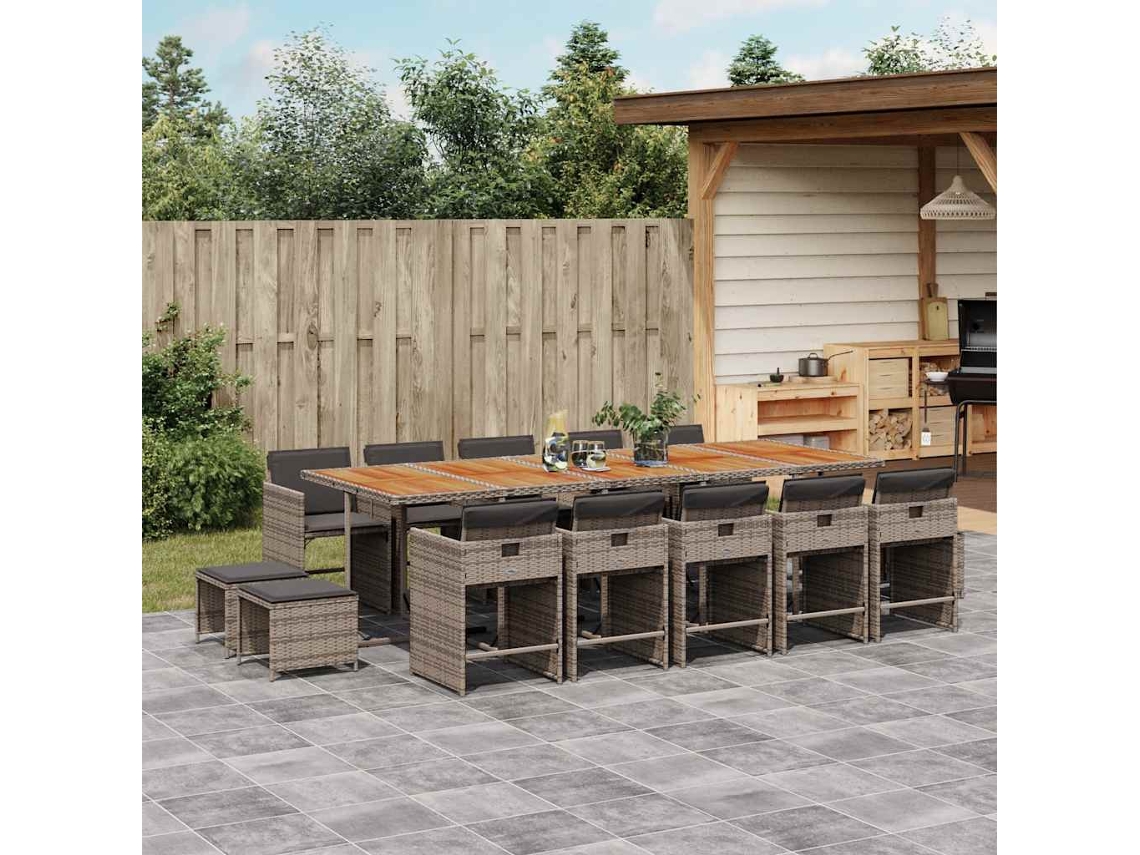 Vidaxl 15 Pcs Conjunto Jantar P/ Jardim C/ Almofadões Vime Pe Cinzento