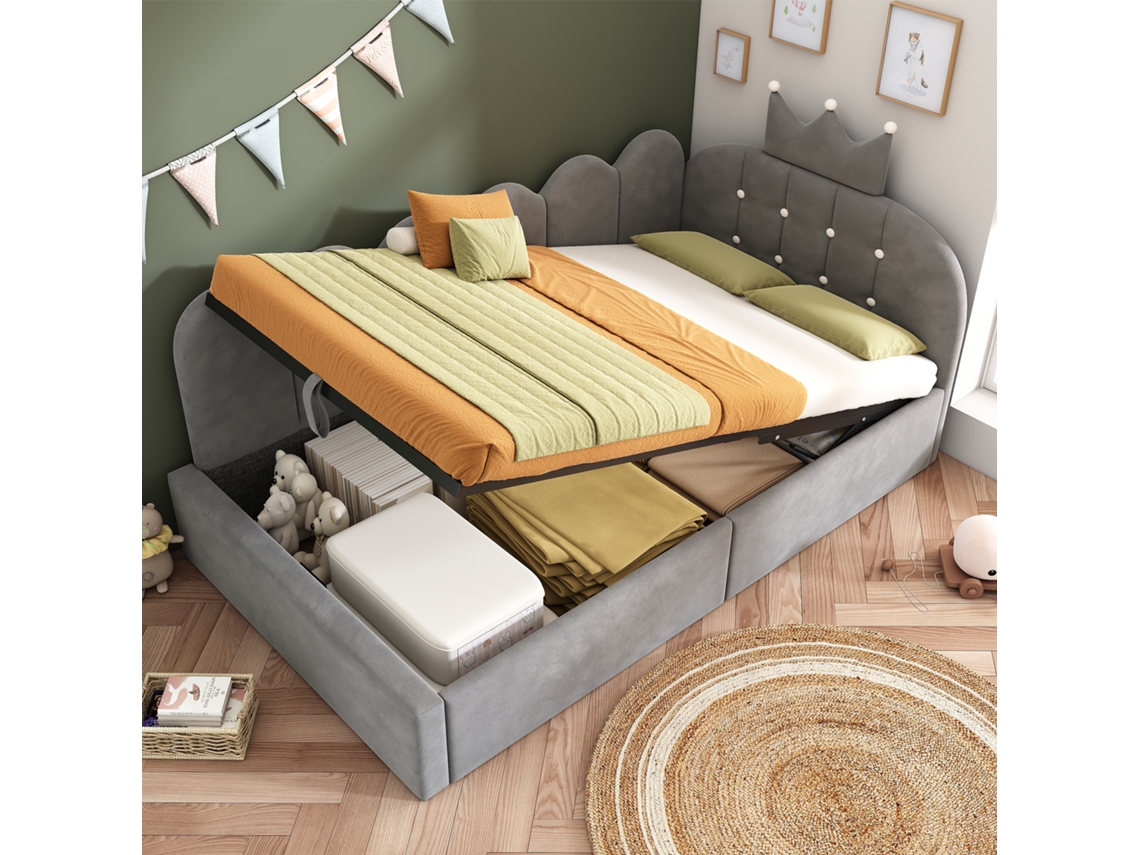 Divã grande 90x190 cm em veludo cinza, armazenamento hidráulico, design coroa, sem colchão VSOGA