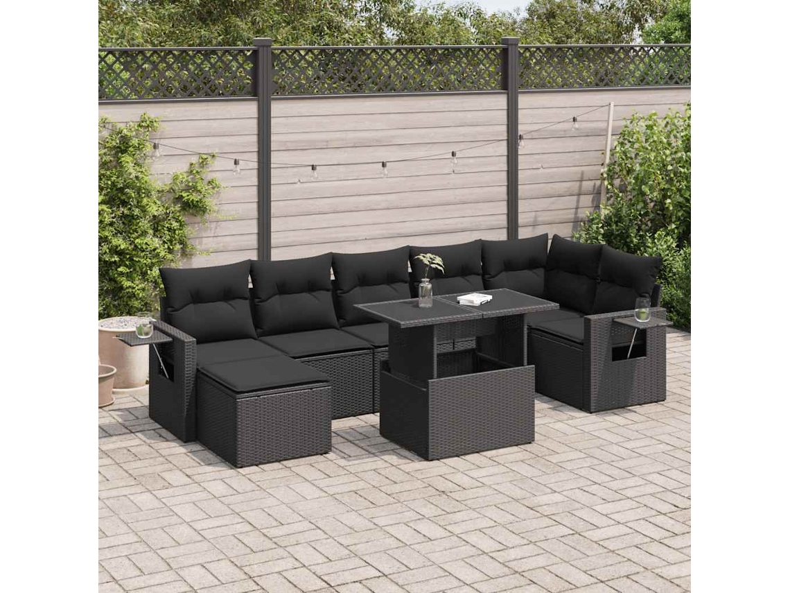 Vidaxl 8 Pcs Conjunto Sofás De Jardim Com Almofadões Vime Pe Preto