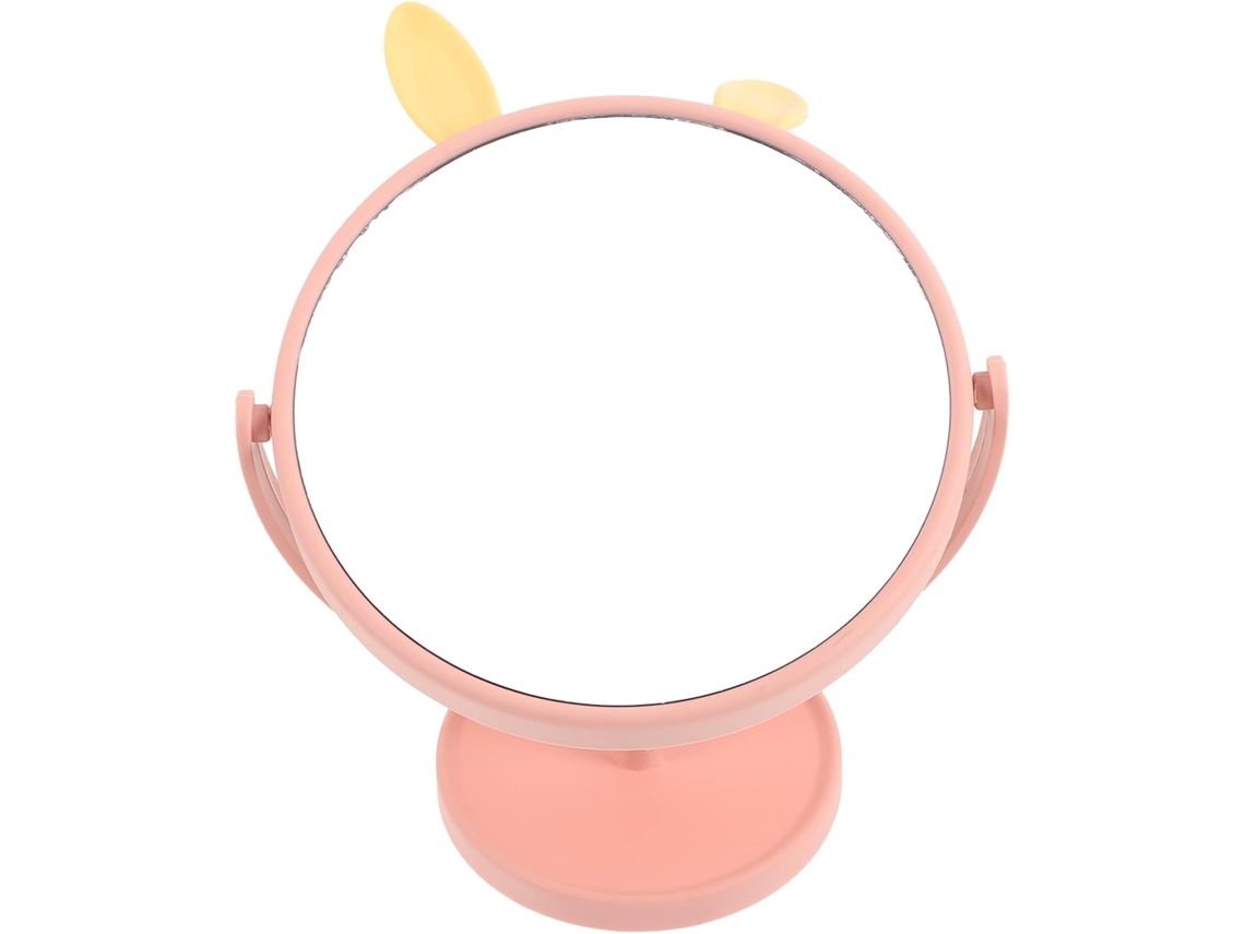 Espelho de plástico rosa com organizador de maquiagem em formato de coelho para mesa de trabalho ou sala de estar.