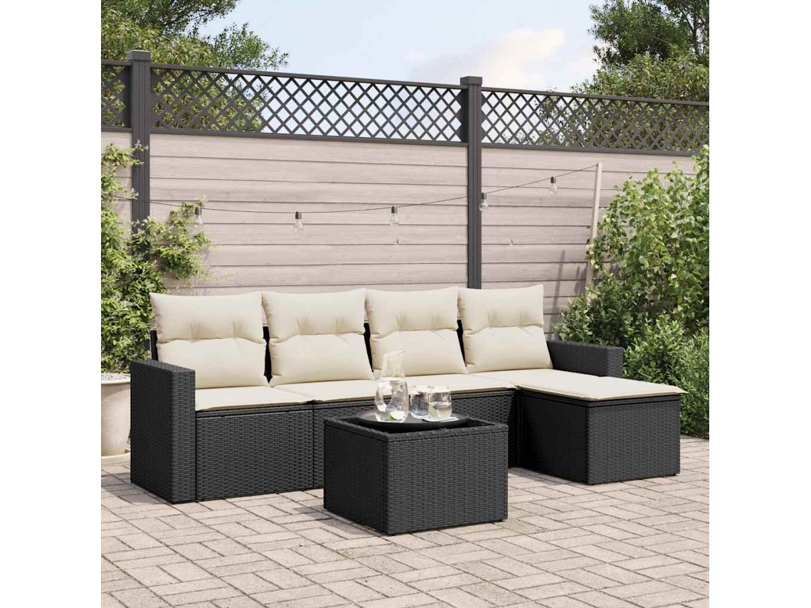 Vidaxl 6 Pcs Conjunto Sofás De Jardim C/ Almofadões Vime Pe Preto