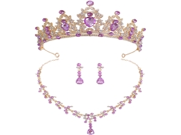 De Casamento: Tiara Dourada E Roxa, Colar E Brincos De Cristal Brilhante.
