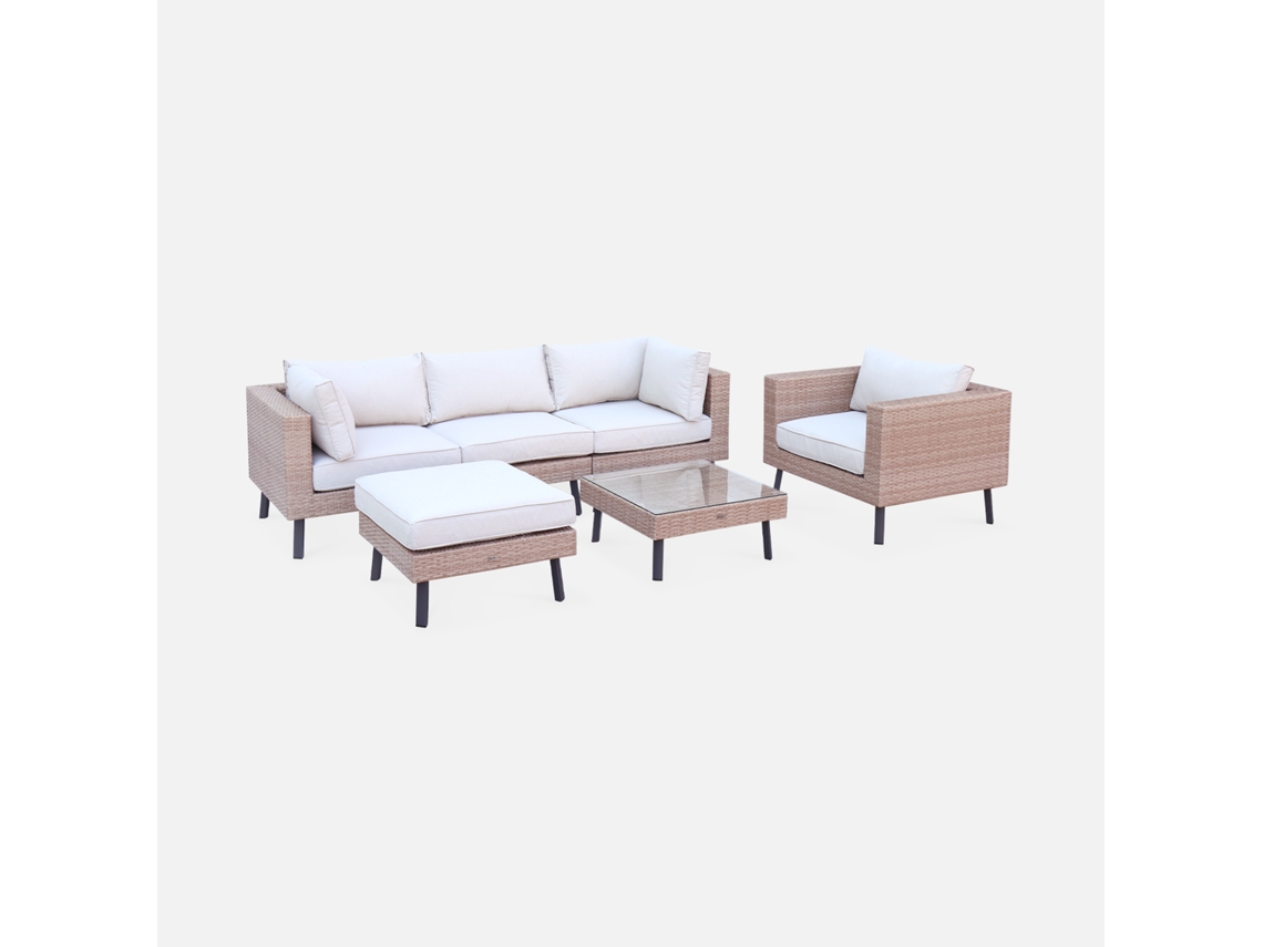 Conjunto De Jardim Em Resina Com Sófá, Poltrona E Mesa De Centro , 5 Lugares, Bege E Bege
