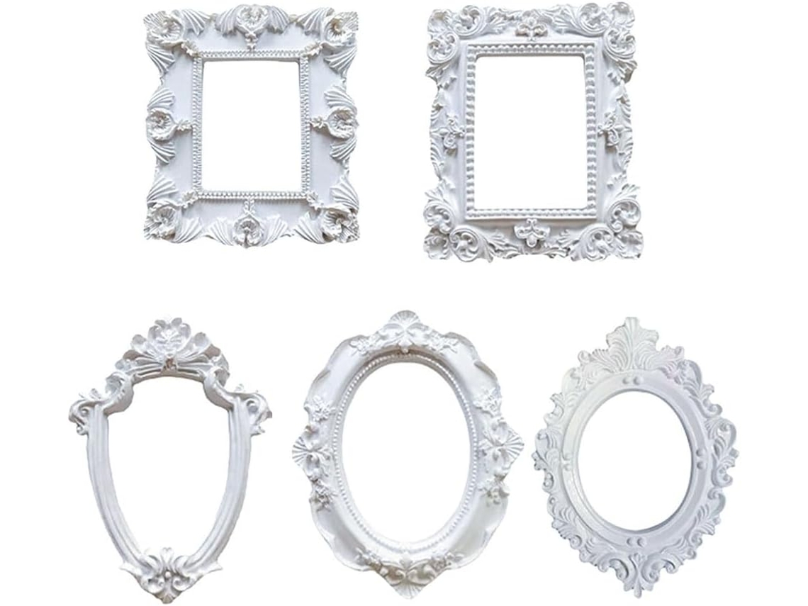 Conjunto De 5 Mini Porta Retratos Brancos Com Flores Pequenas, Formatos Ovais, Retangulares E Barroc Gokoco
