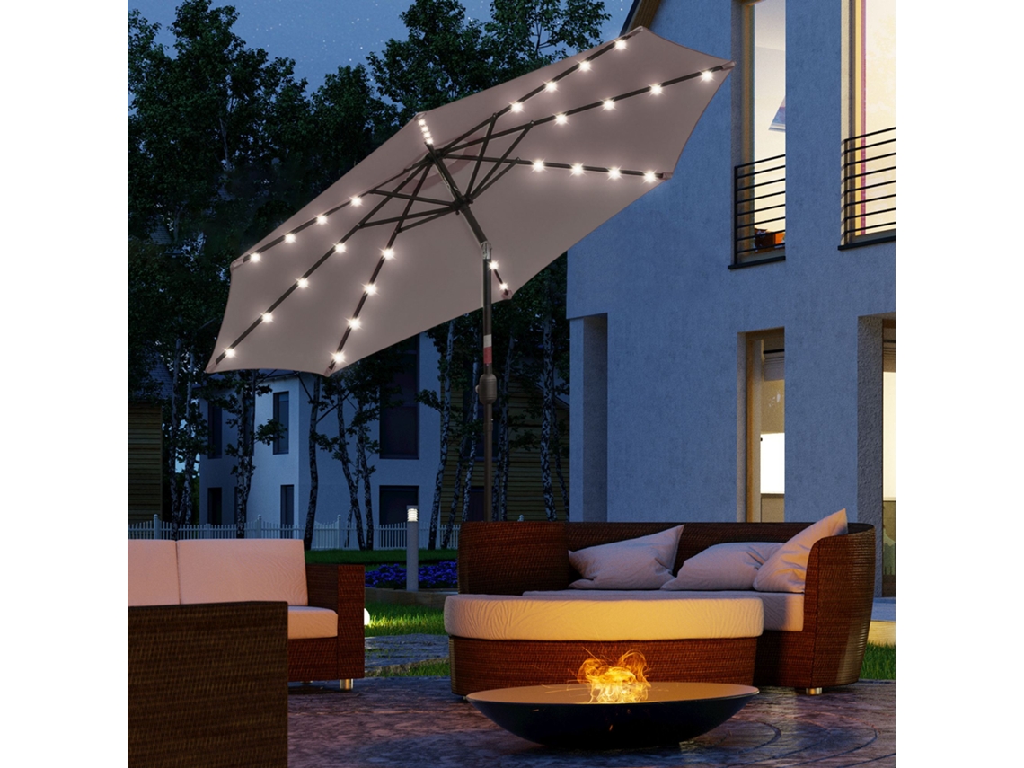 Guarda Sol ZIWEI STORE com Ø265x233cm, cinza, 32 LEDs solares, inclinável, manivela, mastro aço, terraço, pátio