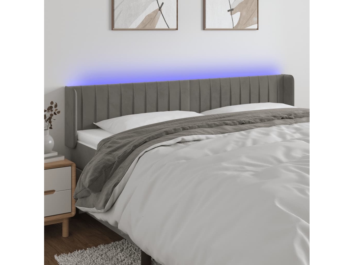 Vidaxl Cabeceira Cama C/ Luzes Led Veludo 203x16x78/88 Cm Cinza-claro