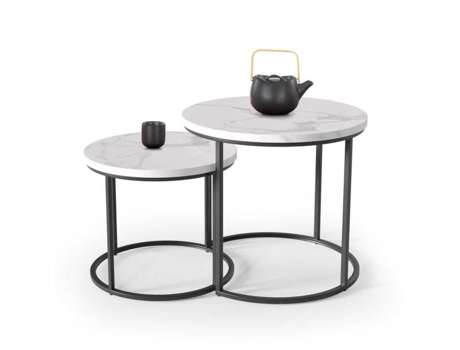 Conjunto de Mesa de Centro Redonda OREO Conjunto de 2 Mesas Finais de Sofá Mármore Branco