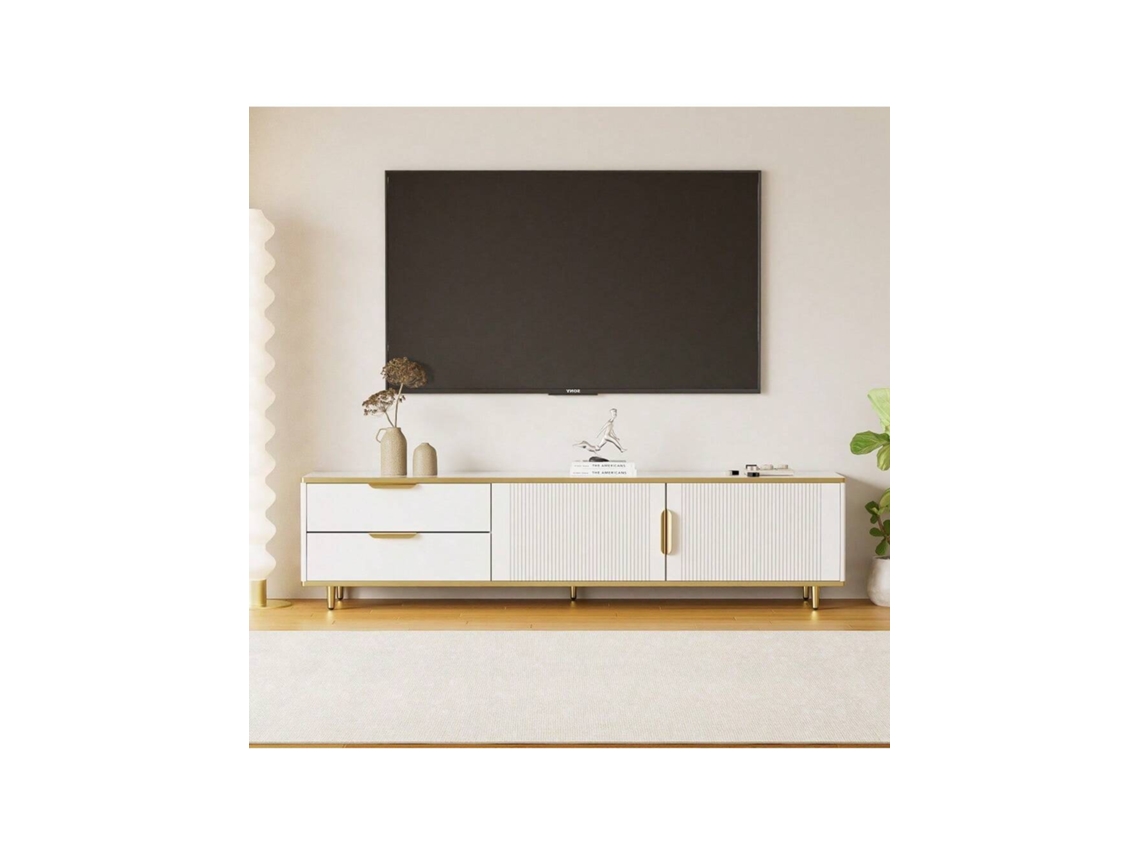 Móvel de TV decorado com textura esculpida, moldura de mármore, dourado, ideal para salas de estar modernas Hvorstur
