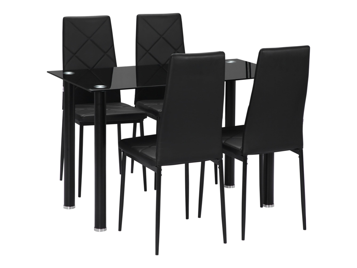 Mesa de jantar com 4 cadeiras, tampo de vidro e cadeiras estofadas em couro sintético preto BTFORUS
