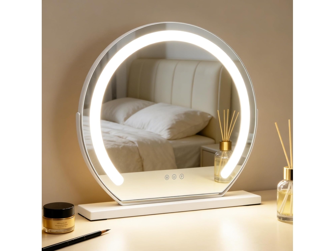 Espelho de Maquilhagem LED Nettlife Hollywood 40x35cm - Espelho de Mesa Sensível ao Toque com Intensidade Ajustável, 3 Modos de Luz, Branco Moderno
