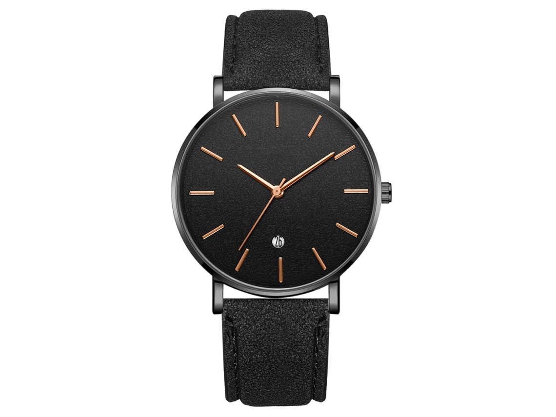 Reloj De Pulsera De Cuarzo Con Dial Redondo Moda Cinta Negra Caja Negra Espejo Negro Agujas Doradas Rosa