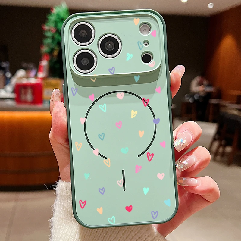 Capa Magnética Para Iphone 16 Pro Com Estampa De Corações Coloridos (verde), Feita De Tpu Rígido E Pc.