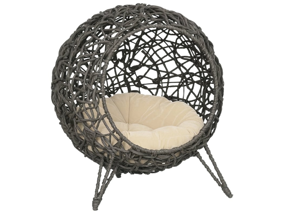Casinha Vime Gatos Almofada Pés Elevados Cinza 52x58cm