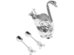 De Colheres De Sobremesa E Suporte Para Colheres Em Estilo Cisne Prateado, Suporte Prático Para Gokoco
