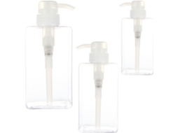 Conjunto De 3 Frascos Quadrados Recarregáveis Com Bomba Dosadora Para Loção, 250ml, 450ml E 650ml, Em Plástico.