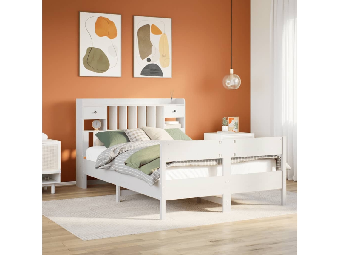 Vidaxl Cama Com Estante Sem Colchão 150x200 Cm Pinho Maciço Branco