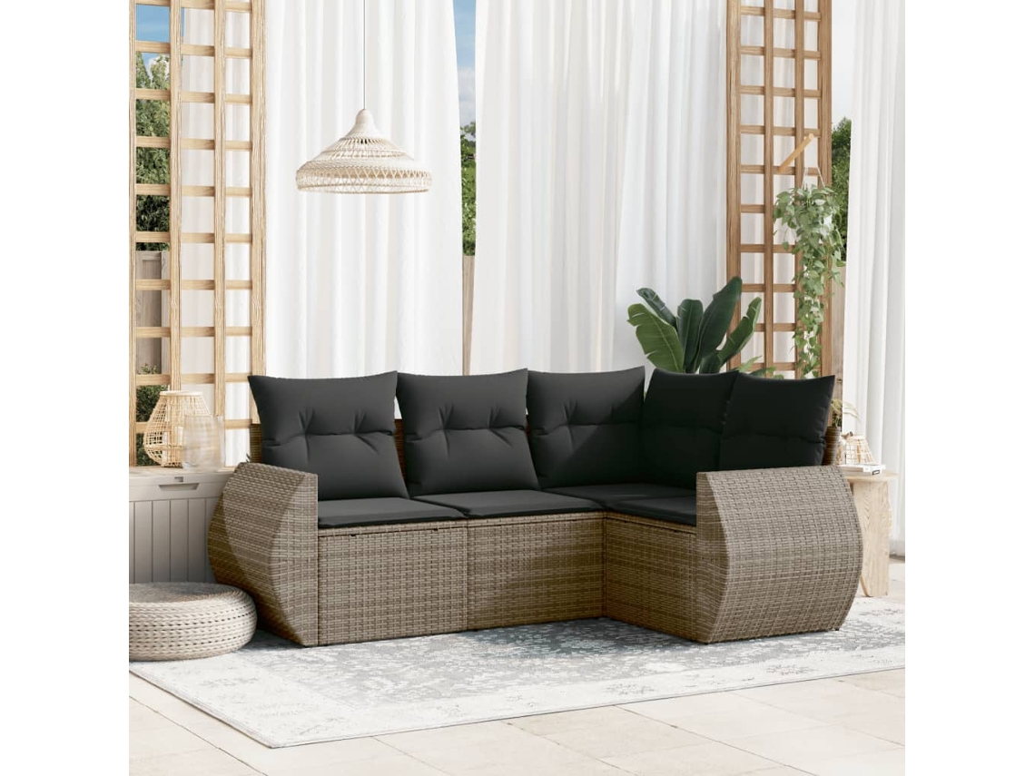 Vidaxl 4 Pcs Conjunto Sofás De Jardim C/ Almofadões Vime Pe Cinzento