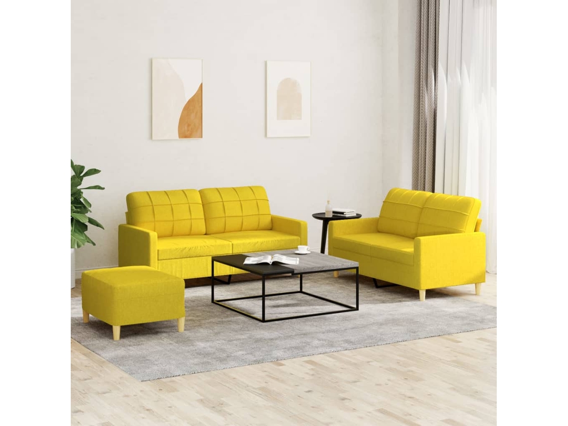 Vidaxl 3 Pcs Conjunto De Sofás Com Almofadões Tecido Amarelo-claro