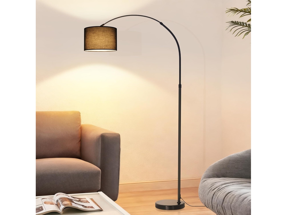 Luminária de Pé Arco 181cm Abajur de Tecido Ø30cm Base de Mármore Ø26cm E27 Max.40w Preta ZMH (sem Lâmpada)