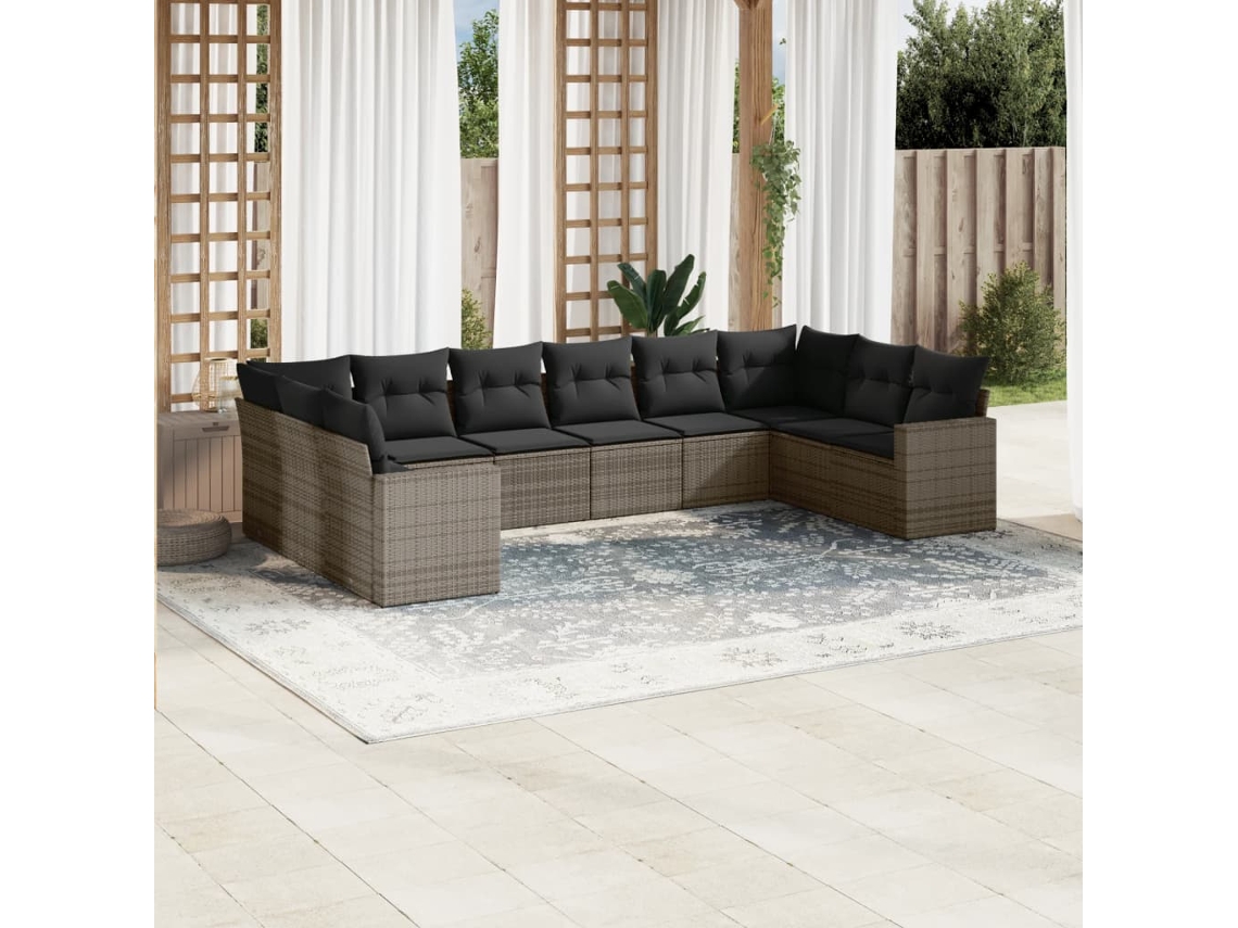 Vidaxl 10 Pcs Conjunto Sofás De Jardim C/ Almofadões Vime Pe Cinzento