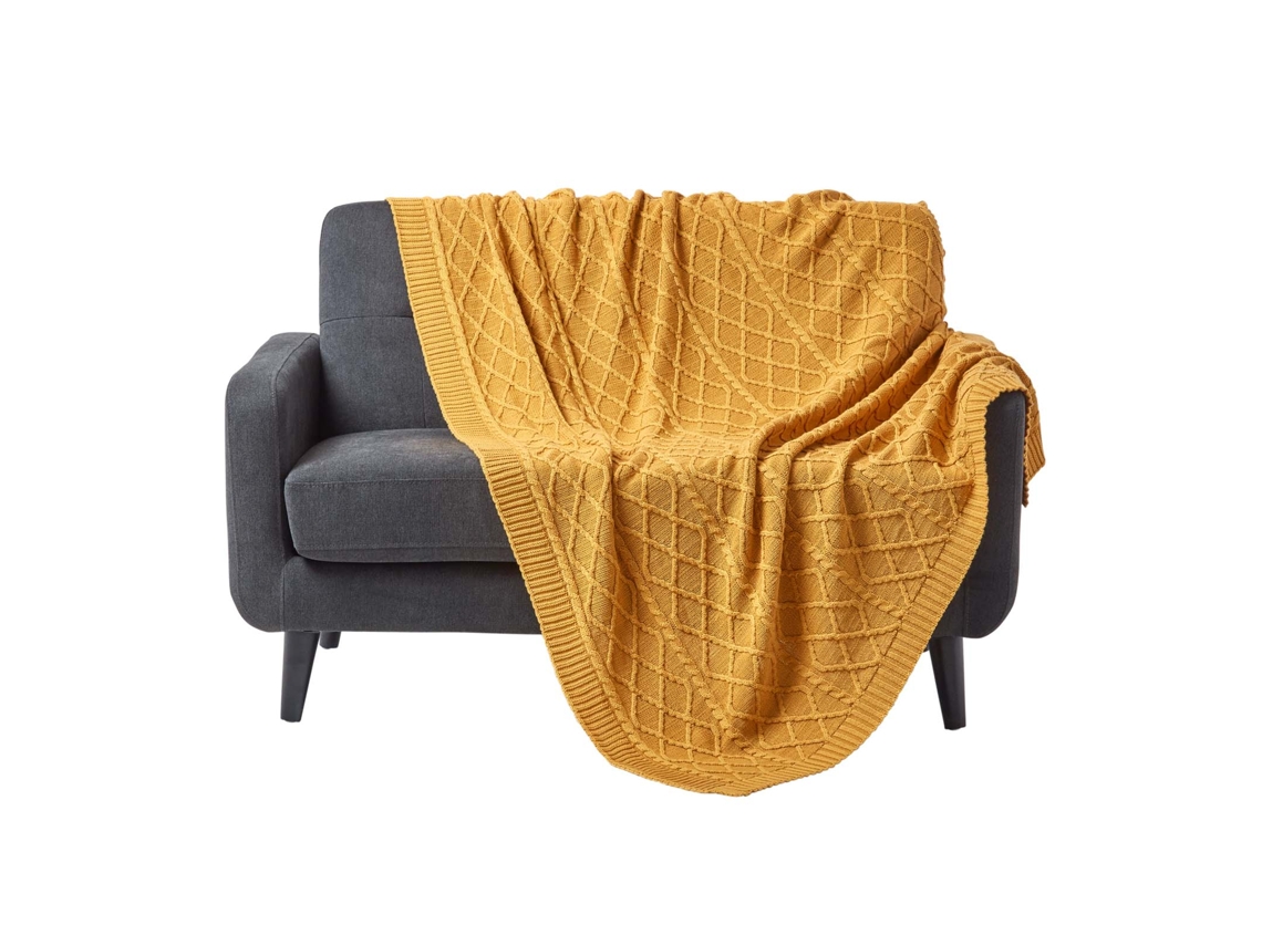 Homescapes Mustard Diamond Cable Knit Throw 130x170 Cm