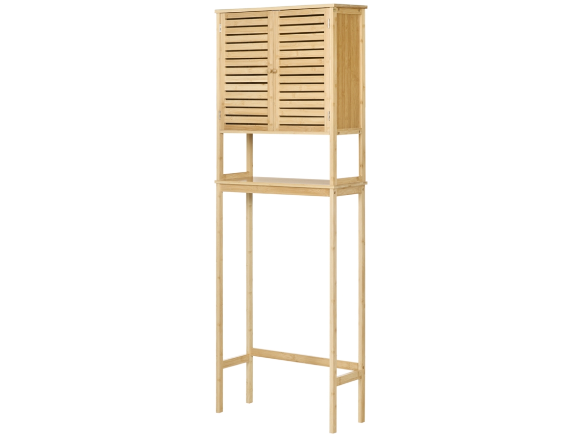 Kleanklin Móvel De Bambú Sobre Sanita Armário Alto Para Casa De Banho Com 2 Portas 1 Prateleira Interior E 1 De Armazenamento 60x23x173cm Natural