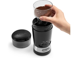 Moinho de Café DELONGHI KG210 (Capacidade: 90 g - 170 W) — Moinho de Café. 170W. Capacidade 90gr (até 12 chávenas). Seletor de moagem (3 níveis). Sistema "Push to grind" (iniciar moagem só com um toque). Escova de limpeza. Depósito de café removível.