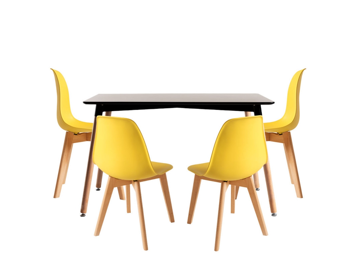Conjunto Mesa Tower Retangular 120 X 80 Cm Preta E Pack 4 Cadeiras Synk Basic - Amarelo