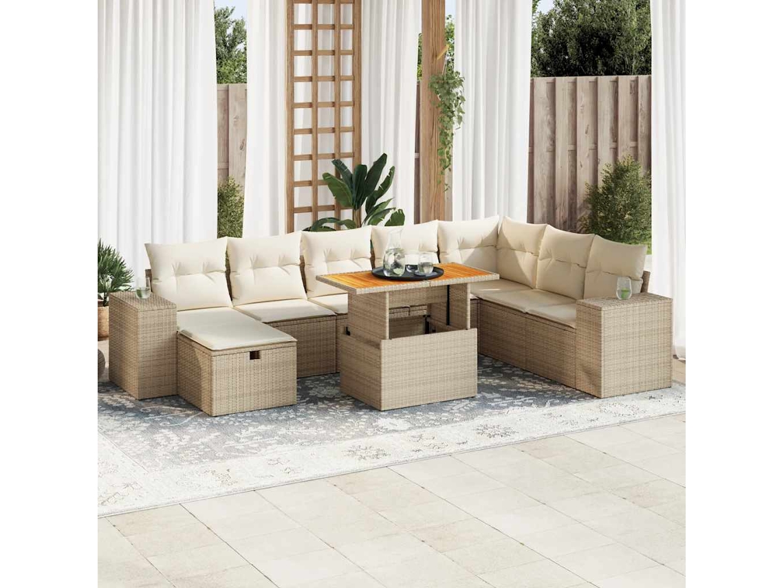 Vidaxl 9 Pcs Conjunto Sofás Jardim Com Almofadões Vime Pe/acácia Bege