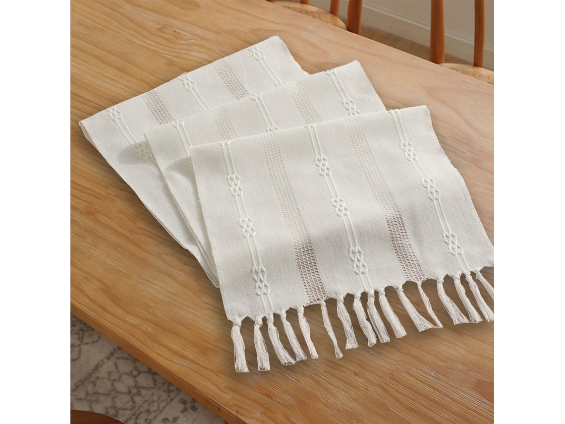 Caminho De Mesa Boho Em Linho Rústico Com Borlas 38x182cm - Runner De Macramé Para Jantar E Quarto