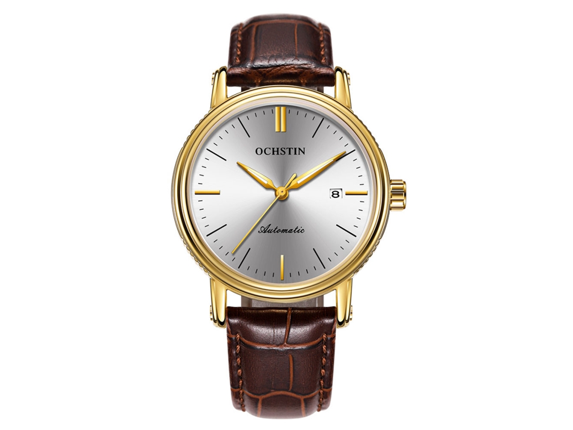 Reloj De Pulsera Ochstin De Cuero Autómatico Mechanical Calendario Hombre Oro Blanco
