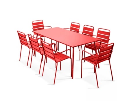 Mesa de Jardim Retangular 180 X 90 Cm e 8 Cadeiras com Braços em Metal