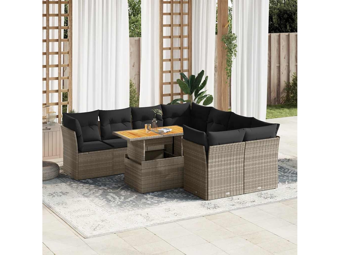 Vidaxl 9 Pcs Conjunto Sofás P/ Jardim Com Almofadões Vime Pe Cinzento