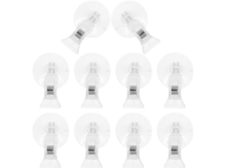 Conjunto de 25 clipes de ventosa transparentes para fixar etiquetas e mensagens nas paredes de vitrines comerciais.