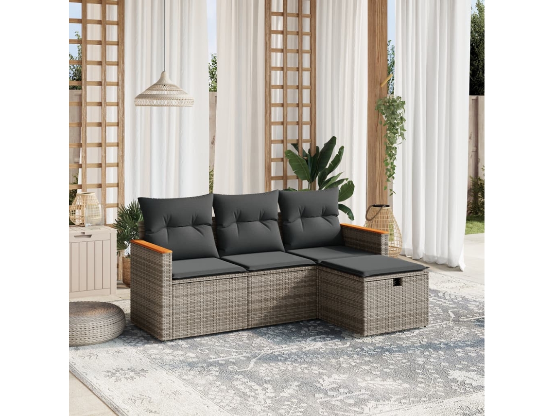 4 Pcs Conjunto de Móveis de Jardim - Conjunto Sofás de Jardim C/ Almofadões Vime Pe Cinzento HARLANV1