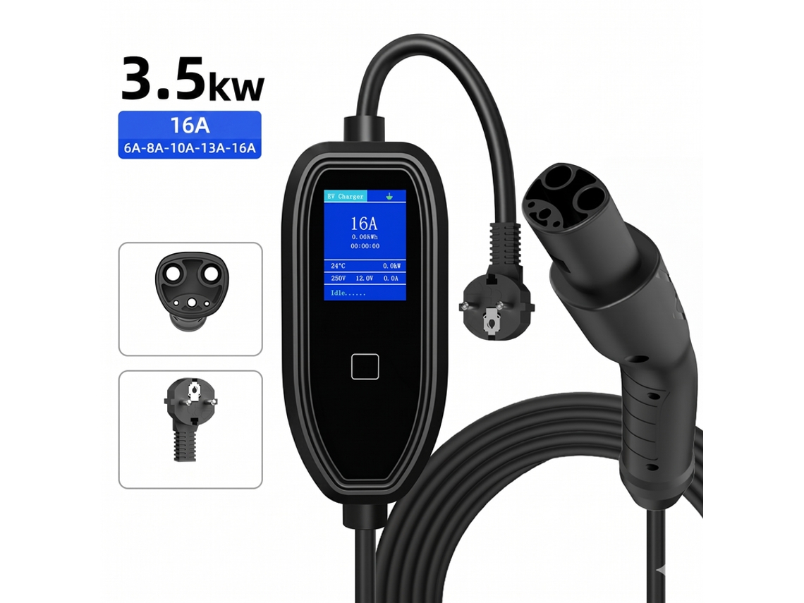 Carregador Portátil Carro Elétrico Nacs para Tesla SZSMART K09 3.5kw 16a Monofásico Ajustável, App/led, Ficha Schuko, Cabo 5m