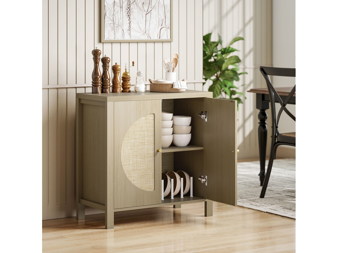 Aparador De Cozinha Com 2 Portas De Vime Sintético Móvel Auxiliar De Cozinha Com Prateleira Ajustável 75x38x77 Cm Madeira