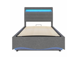 Cama Estofada 90x200 Cm - Com Iluminação Led, Mecanismo Hidráulico, Portas Usb E Tipo-c, Compartimento E Prateleiras, Tecido De Linho - Cinza