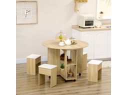 Conjunto De Mesa E Cadeiras 5 Peças Em Agregado, Tábuo Redonda Com 2 Prateleiras Abertas 4 Banquetas Modernas