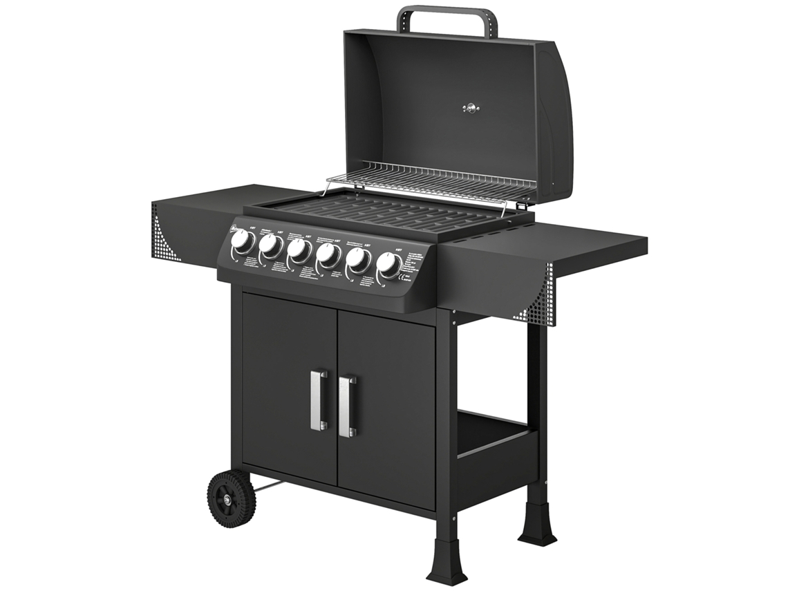 Barbecue A Gás Com 6 Queimadores 15 Kw Termómetro Armário Grelha De Aquecimento Bandeja De Recolha De Gordura 2 Rodas 135x51x101 Cm Preto