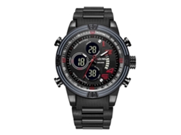 Relógio esportivo eletrônico masculino com pulseira de aço, plástico à prova d'água, preto/vermelho