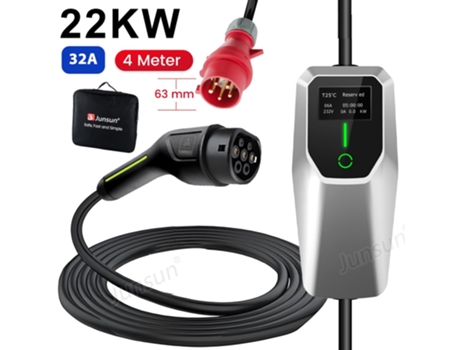 Cabo Carregamento Ev Junsun Tipo 2 22kw Trifásico, Corrente Ajustável , Schuko, Portátil (6 32a)