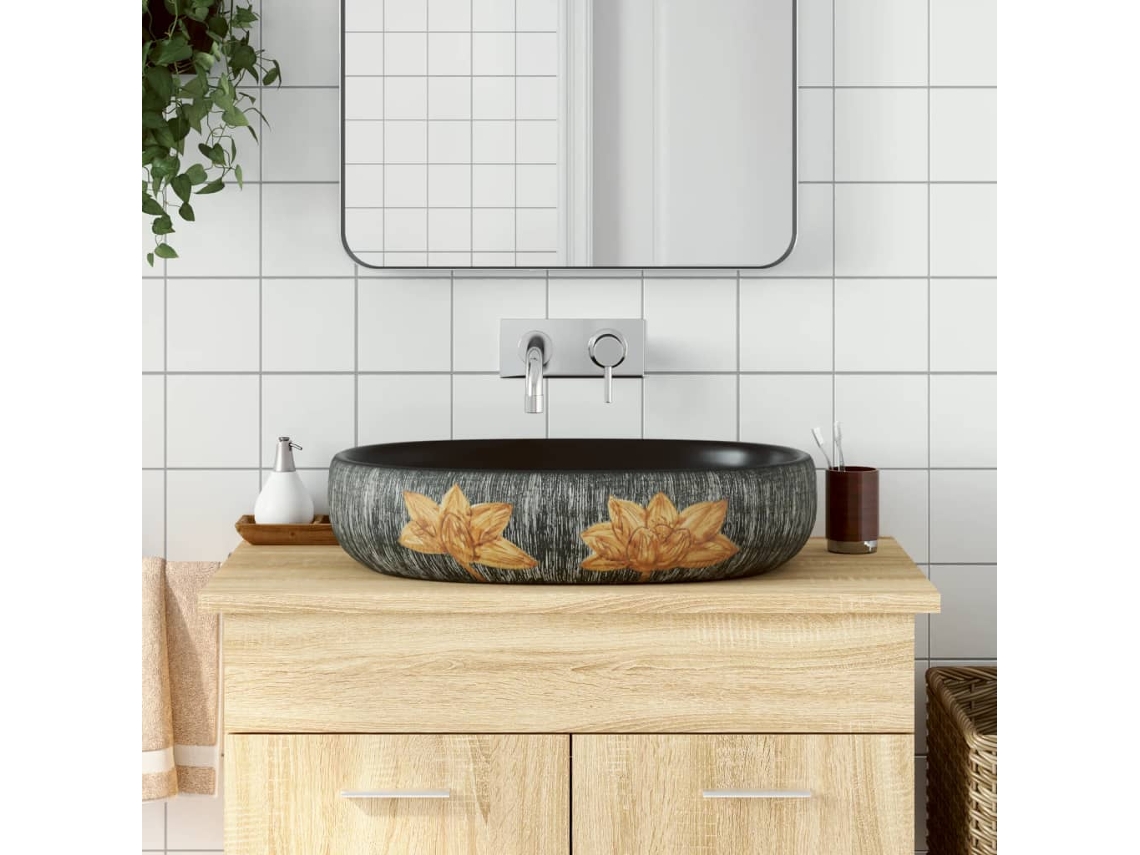 Vidaxl Lavatório De Bancada Oval 59x40x14 Cm Cerâmica Cinza E Preto