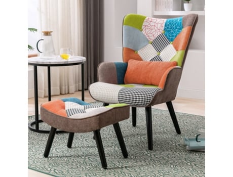 Poltrona relaxante com banquinho Poltrona patchwork poltrona de madeira sala de estar, poltrona de tv moderna poltrona de linho laranja