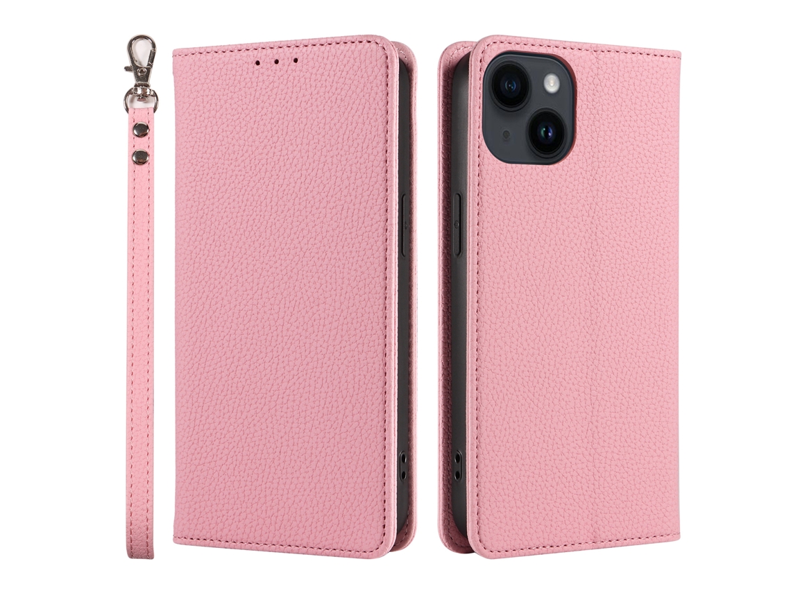 Capa De Couro Para Celular Com Estampa De Lichia E Fecho Magnético.iphone 15 Plus Rosa