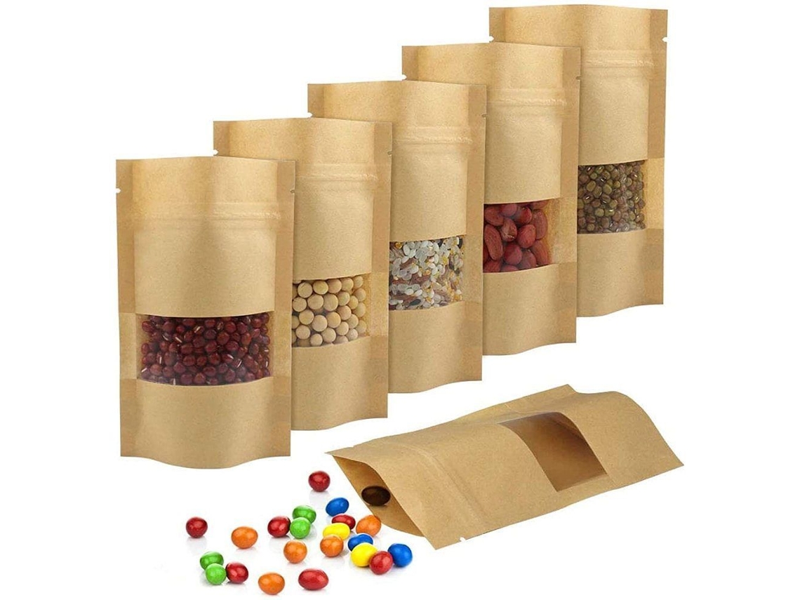 Pacote Com 100 Sacolas De Papel Baownylz Com Janela, Sacolas Stand Up Com Visor Expositor Aquaforge