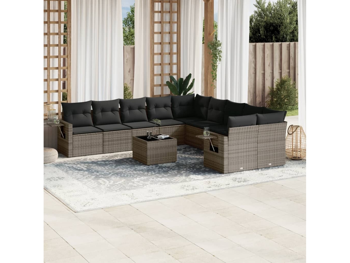 Vidaxl 11 Pcs Conjunto Sofás De Jardim C/ Almofadões Vime Pe Cinzento